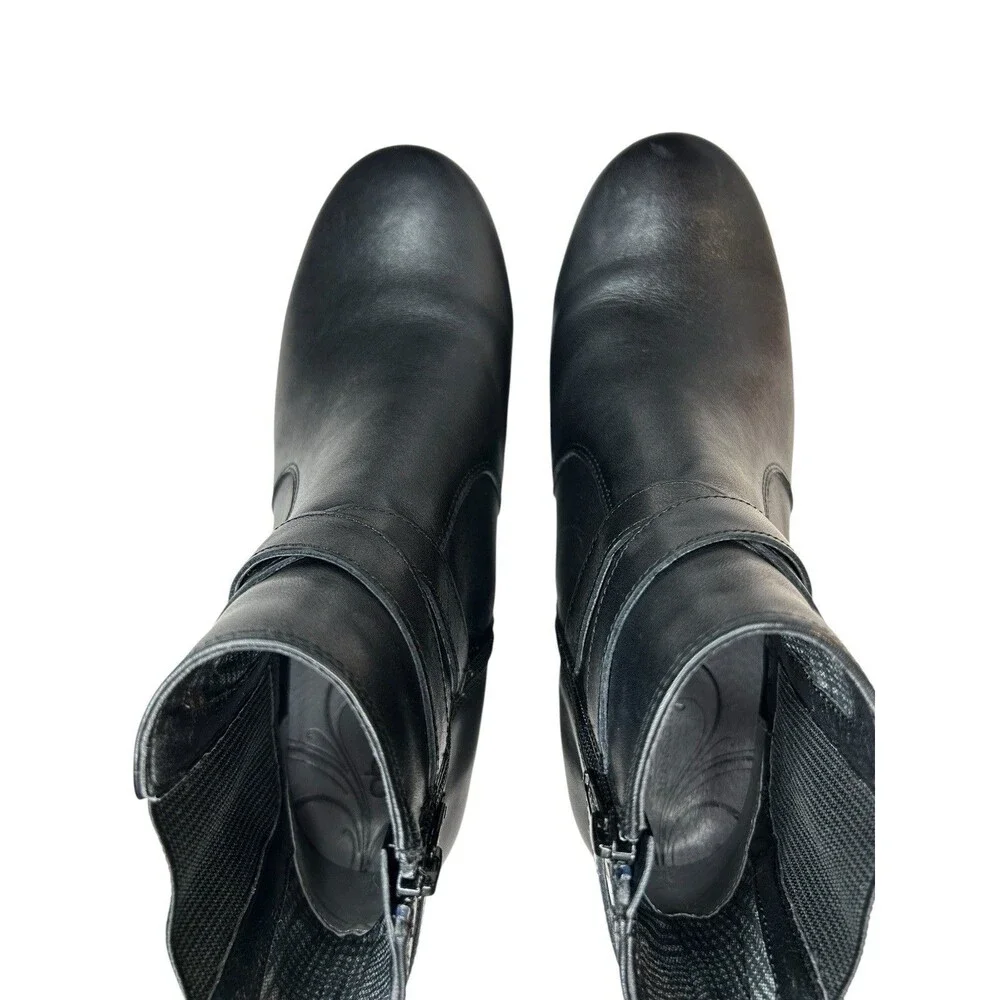 ABEO Black Leather Ankle Boots Women's 8.5 Geranium Wedge Heel Buckle Moto